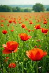 Poppy field in a lush green meadow with wildflowers, poppy, flowers