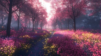 Enchanted Forest Pathway with Vibrant Pink Trees and Flowers
