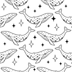 Obraz premium Celestial Whale Pattern with Crescent Moon and Stars