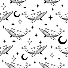 Celestial Whale Pattern with Crescent Moon and Stars