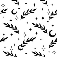Celestial Botanical Pattern with Leaves , vector Illustration Pattern Background