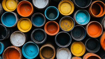 Vibrant pile of colorful painted pots featuring circular motifs and repeated round shapes in bold colors creating an eye-catching display.