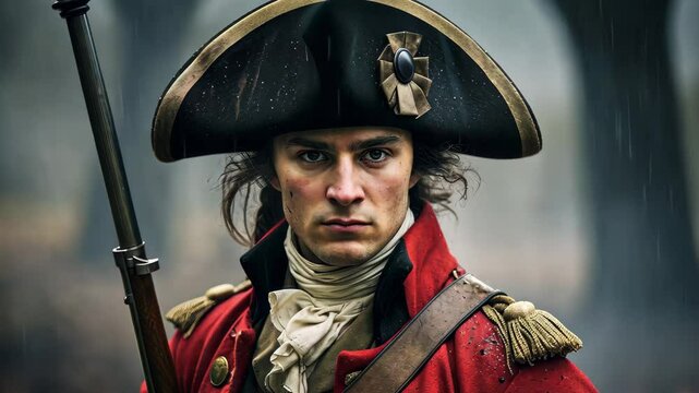 A redcoat soldier stands ready for battle during the 18th century, showcasing determination and bravery amidst a foggy battlefield