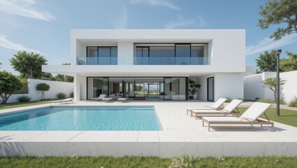 Obraz premium Modern Luxury Villa with Pool and Spacious Outdoor Area Under Sunny Sky