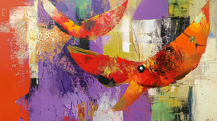 Fototapeta premium Bird perched on a colorful background featuring abstract painting with vibrant hues creating a playful and lively artistic composition.