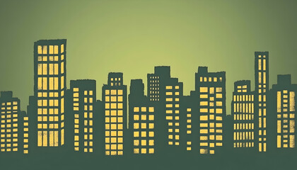 Stylized cityscape illustration at night, featuring buildings with illuminated windows against a muted green background.  Ideal for urban themes, design projects, and website backgrounds.