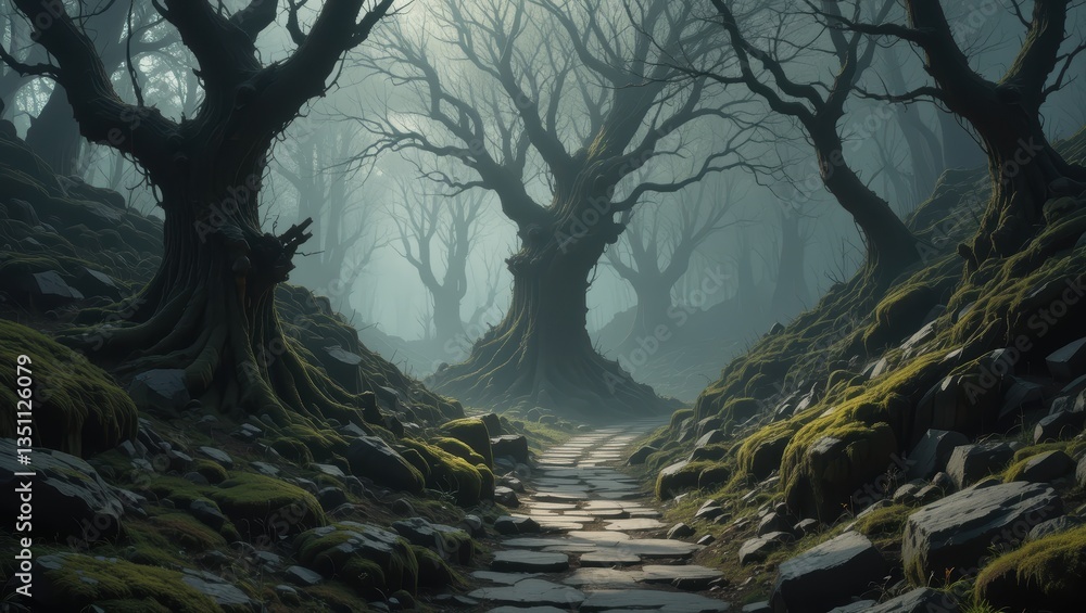 Poster mysterious pathway through ancient forest surrounded by gnarled trees and soft moss