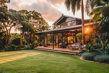 Beautiful modern house with large glass windows surrounded by lush greenery at sunset