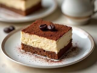 Rich Tiramisu Slice with Cocoa Powder and Coffee Beans