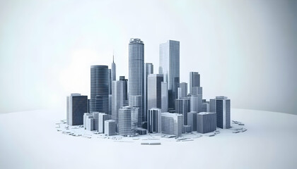 Architectural model of a modern city skyline, showcasing various skyscrapers and buildings on a white background. Ideal for real estate, urban development, and architectural design projects.
