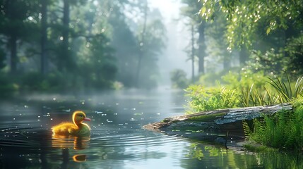 A serene forest scene featuring a bright yellow duckling swimming in a misty river surrounded by lush greenery
