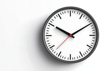 Clock with dark grey frame showing time on white wall background, concept of time and schedule