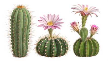 Blooming Cactus with Pink Flowers - Botanical Succulent Illustration PNG