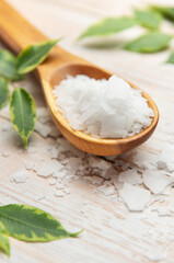 Magnesium chloride flakes on wooden spoon with green leaves