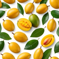 Obraz premium Ripe Mangoes with Leaves - Tropical Fruit Pattern