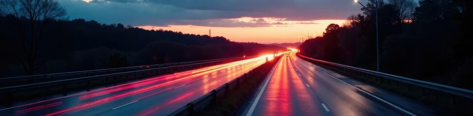 Speed light trails on wet highway surface at dusk, highway, evening