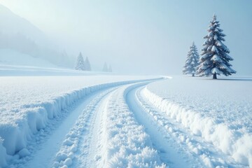 Fototapeta premium Speckled snowy landscape with a winding path and a few trees in the distance, snow, serene, frost