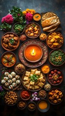 Diverse Indian Cuisine Feast Aromatic Spices Traditional Dishes Festive Table Setting