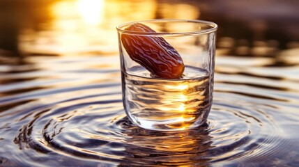 Date in glass of water, sunset over water