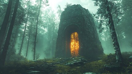 Obraz premium A stone structure in a forest illuminates with warm glowing light
