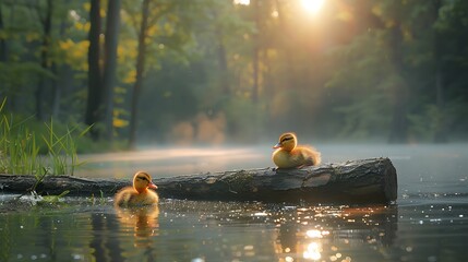 Two ducklings resting on a log in a serene forest pond at sunrise, surrounded by mist and greenery