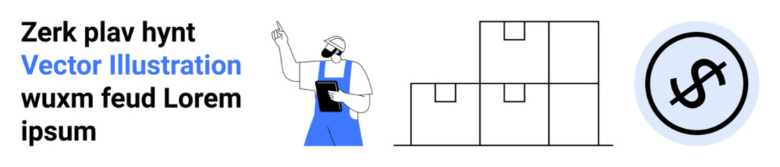 Worker in overalls with a clipboard, stacked cardboard boxes, and a currency icon. Ideal for logistics, shipping, supply chain, financial planning, warehouse management, e-commerce and a simple
