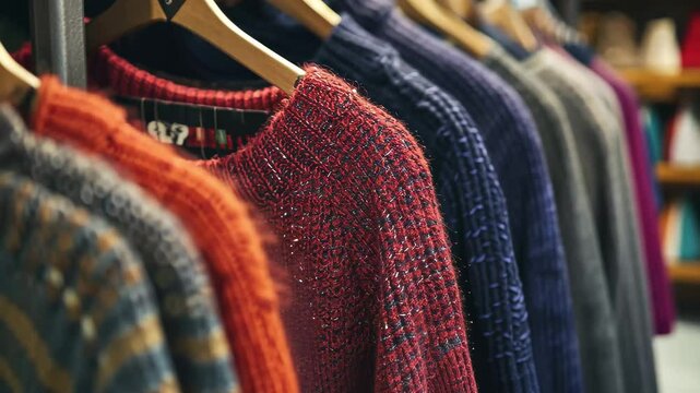 Colorful sweaters displayed on hangers in a fashion store showcasing a variety of textures and styles during a cozy shopping experience in an urban setting