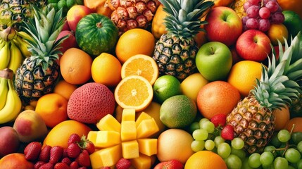 A vibrant assortment of fresh fruits and vegetables is artfully arranged together, showcasing a variety of colors, shapes, and textures, including apples, carrots, and bell peppers.