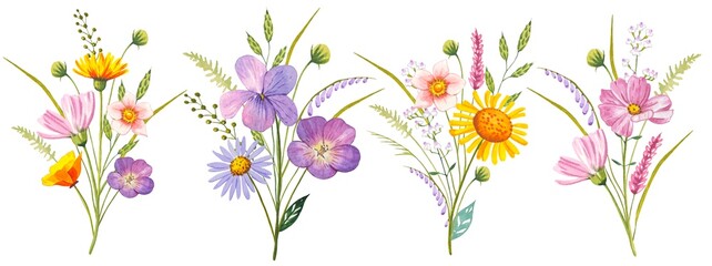 Bouquets with meadow flowers. Watercolor illustration