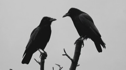 Obraz premium Two crows perched on branch, gray sky