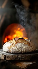 Rustic Artisan Bread Loaf Fresh From Wood Fired Oven Steaming Hot