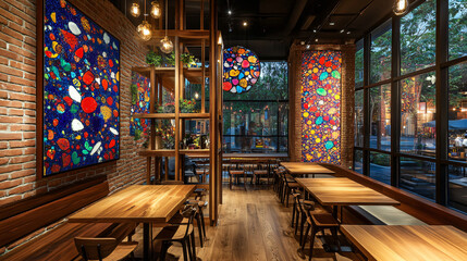 Naklejka premium Bright and inviting restaurant interior featuring a large window with natural light and colorful textures in bold wallpapers and decor.