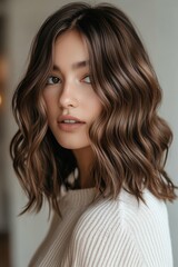 Fototapeta premium Stylish woman with wavy hair posing indoors during daytime, wearing a light sweater and showcasing natural beauty