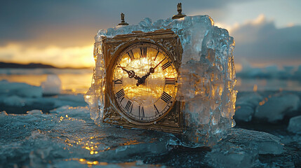 Antique clock frozen inside transparent ice block arctic environment winter landscape surreal concept time suspended glacier scene dramatic lighting frosty blue texture cold nature symbolism moment