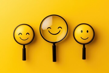 Magnifying glasses enhance cheerful smiley faces against a vibrant yellow background in a bright and uplifting display of positivity