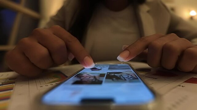 woman using smartphone, browsing through pictures on social network. Close-up Macro. Finger scrolling social media app feed, information search.