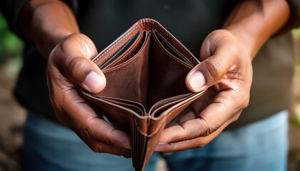 Empty Wallet: Close-up of dark hands holding an open, empty brown leather wallet, symbolizing financial crisis and poverty.