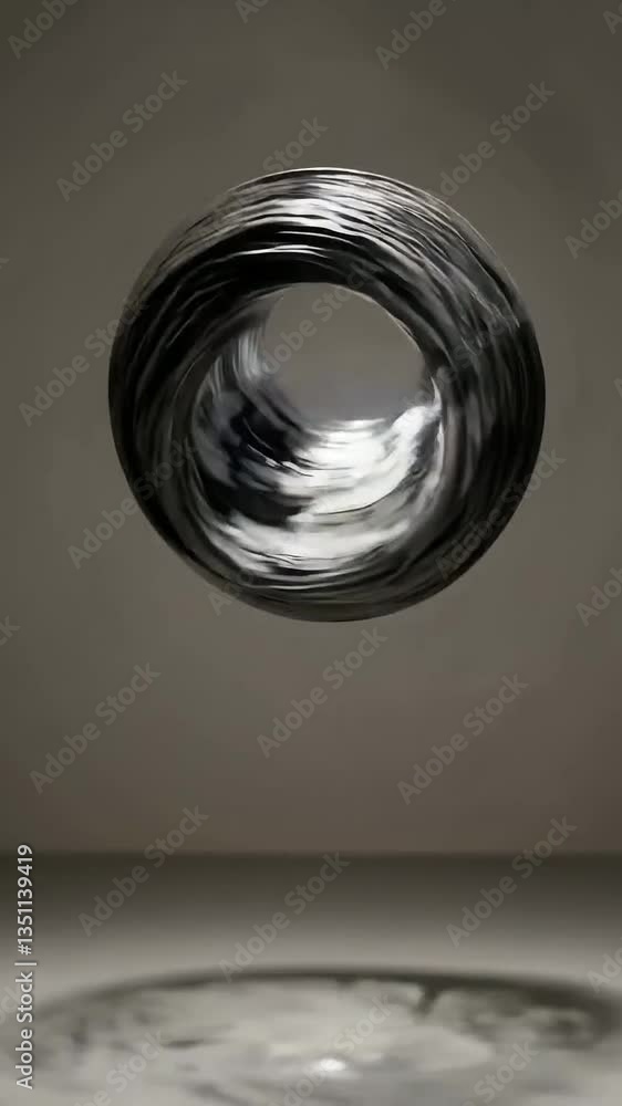 Poster rotating abstract metallic sphere casting dynamic shadow in minimalistic setting