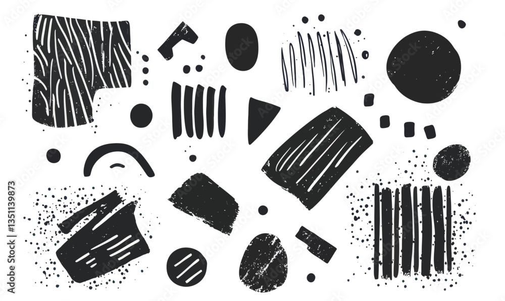 Poster abstract grunge scribble vector set with hand-drawn minimalist shapes and textures