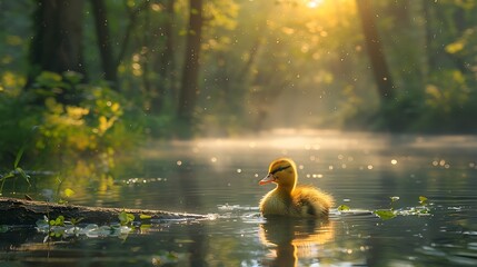 A serene scene featuring a duckling swimming in a tranquil forest pond during sunrise, with soft light filtering through trees