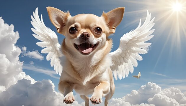 Chihuahua Dog with Angel Wings Flying in Heaven