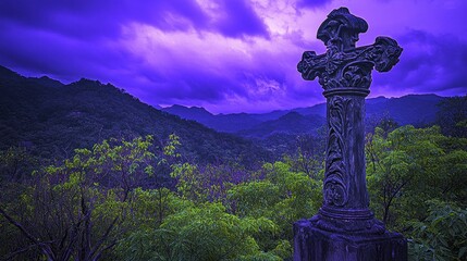 A serene forest scene features a striking purple sky adorned with fluffy clouds, casting a mystical glow over a prominent wooden cross nestled among the trees.