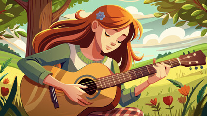 Woman playing acoustic guitar with finger catching chord on bar outdoors