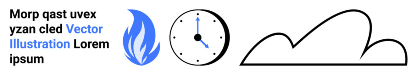 Blue flame, analog clock, and minimalist black cloud sketch highlight concepts of time, energy, nature, urgency, simplicity, sustainability. Ideal for branding posters simple landing page
