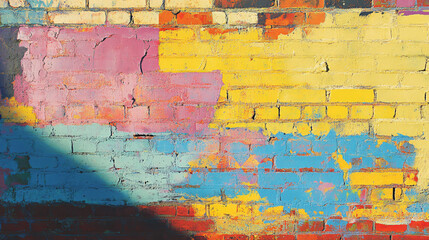 Fototapeta premium A brightly colored graffiti painting on a brick wall showcasing artistic expression and vibrant colors in an urban environment.