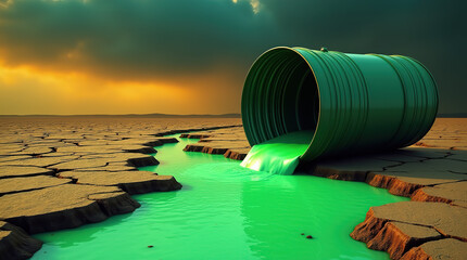 Fototapeta premium An overturned barrel leaks toxic green waste, contaminating the ground with its dangerous flow.
