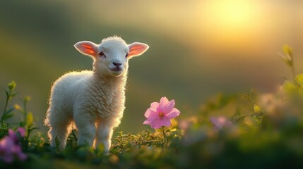Fototapeta premium Cute lamb or sheep on green background with pink flowers, easter card. Spring and easter, innocence and tranquility concept