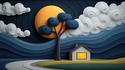 A modern vector landscape with a house and tree illuminated by the light of a full moon.

