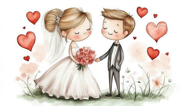 Watercolor cartoon illustration of a cute bride and groom holding hands with bouquet of flowers surrounded by red hearts. Romantic wedding concept art on white background with soft pastel colors for i