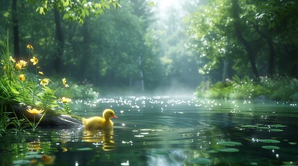 A serene scene depicting a yellow duckling swimming in a tranquil forest pond surrounded by lush greenery